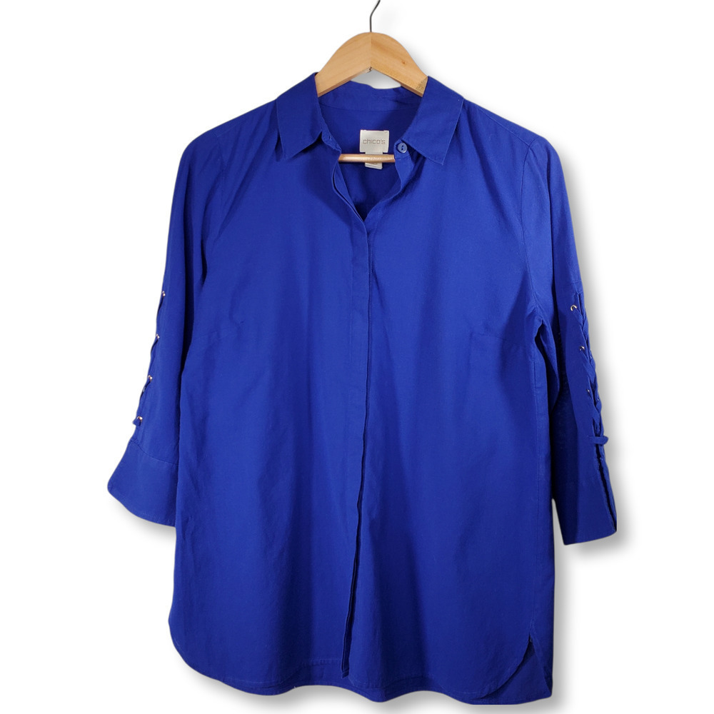Chico's Lace Up 3/4 Length Sleeve Button Up Collared Blouse Blue Size Small